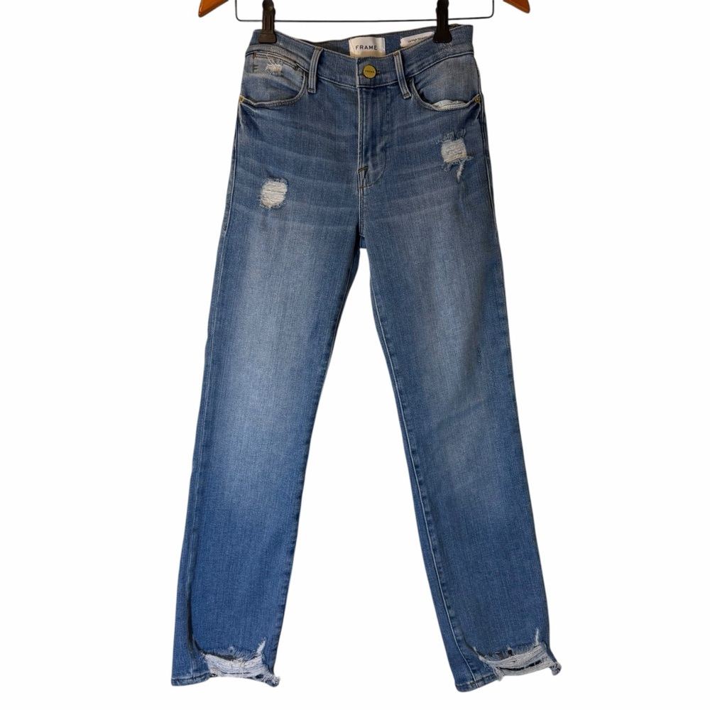 Frame Le High Straight Medium Wash Distressed Denim Jeans Crop Ankle Stretch 24